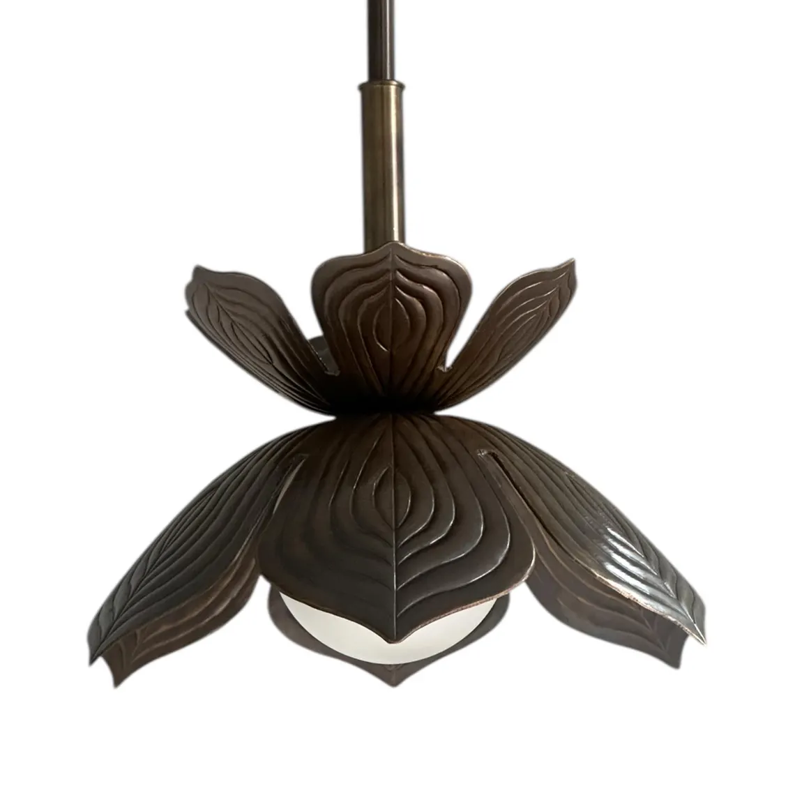 Handmade Brass Flower Pendant Light - Botanical Ceiling Fixture with Frosted Globe