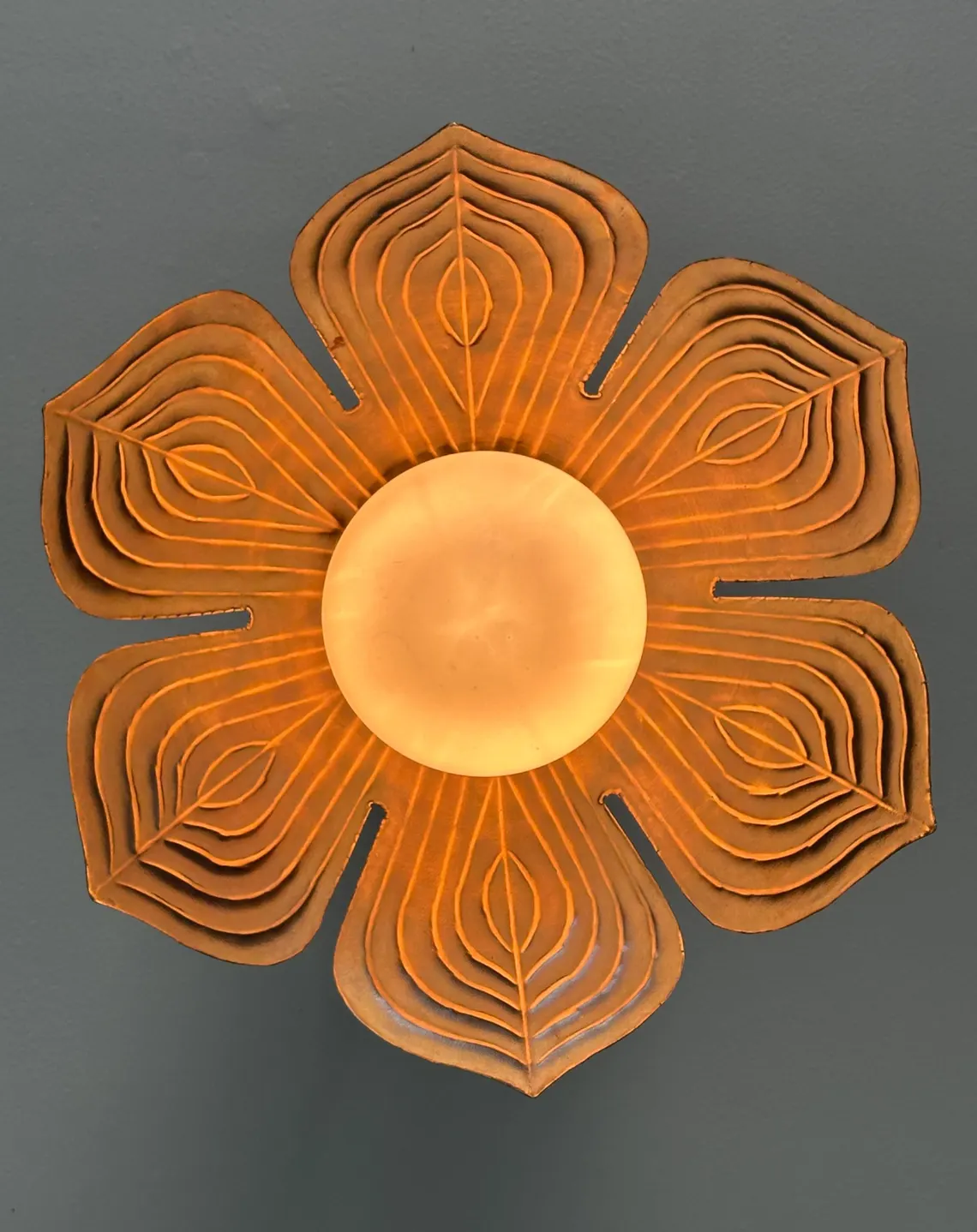 Handmade Brass Flower Pendant Light - Botanical Ceiling Fixture with Frosted Globe - Image 2