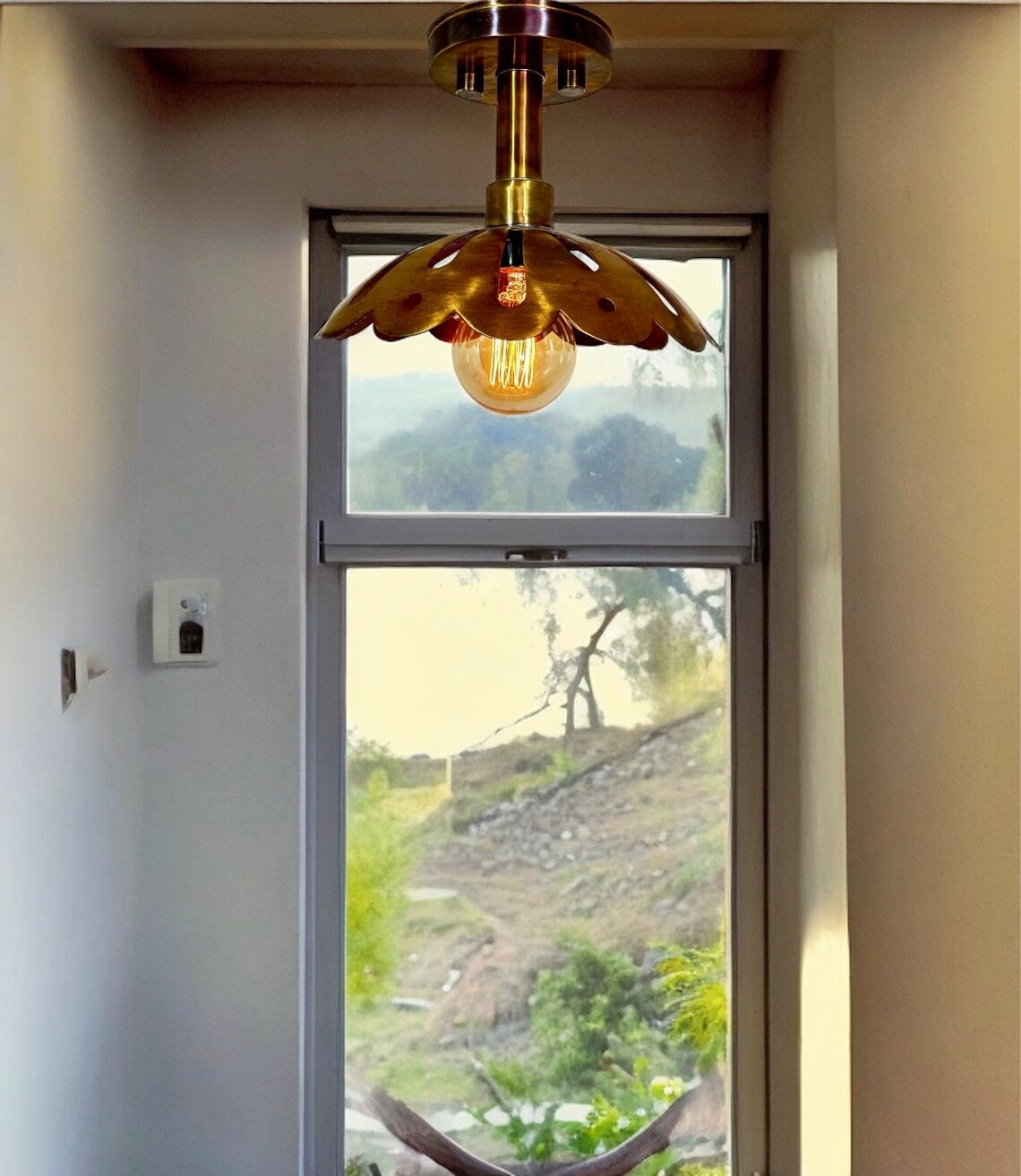Handmade Raw Brass Flush Mount Ceiling Light: Mid Century Modern Flower Pendant - Image 2