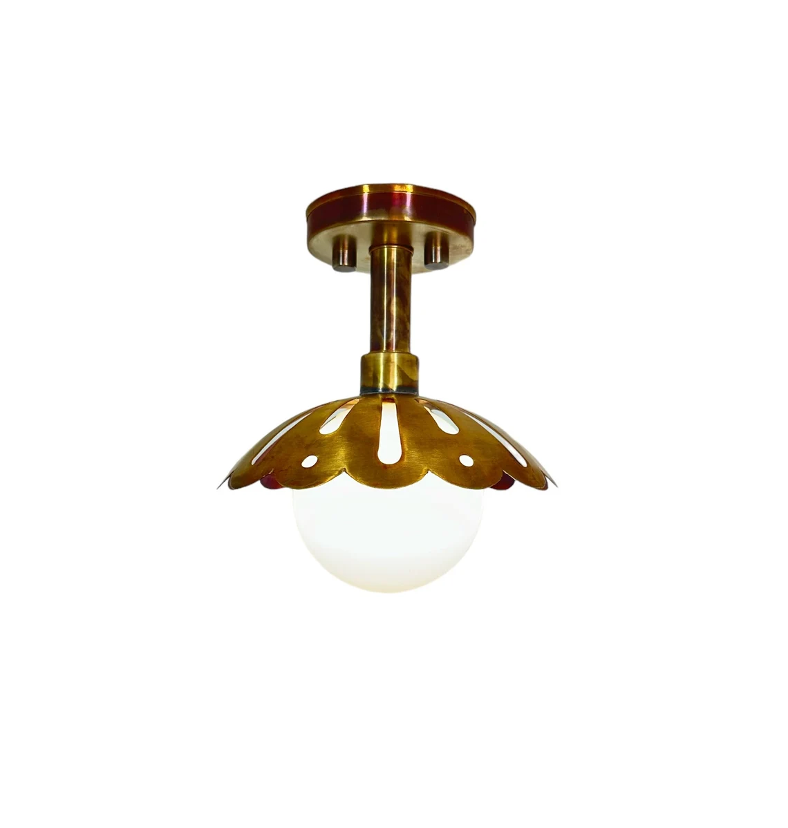 Handmade Flower Brass Flush Mount Light: Antique Milk Glass Shade