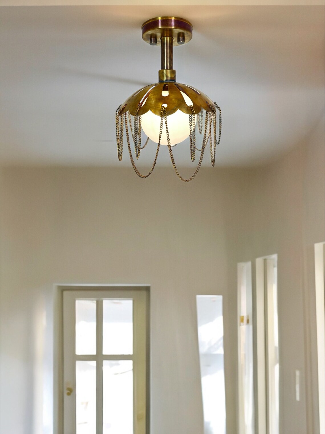 Handcrafted Flower Style Flush Mount Raw Brass, Milk Glass Shade - Image 4