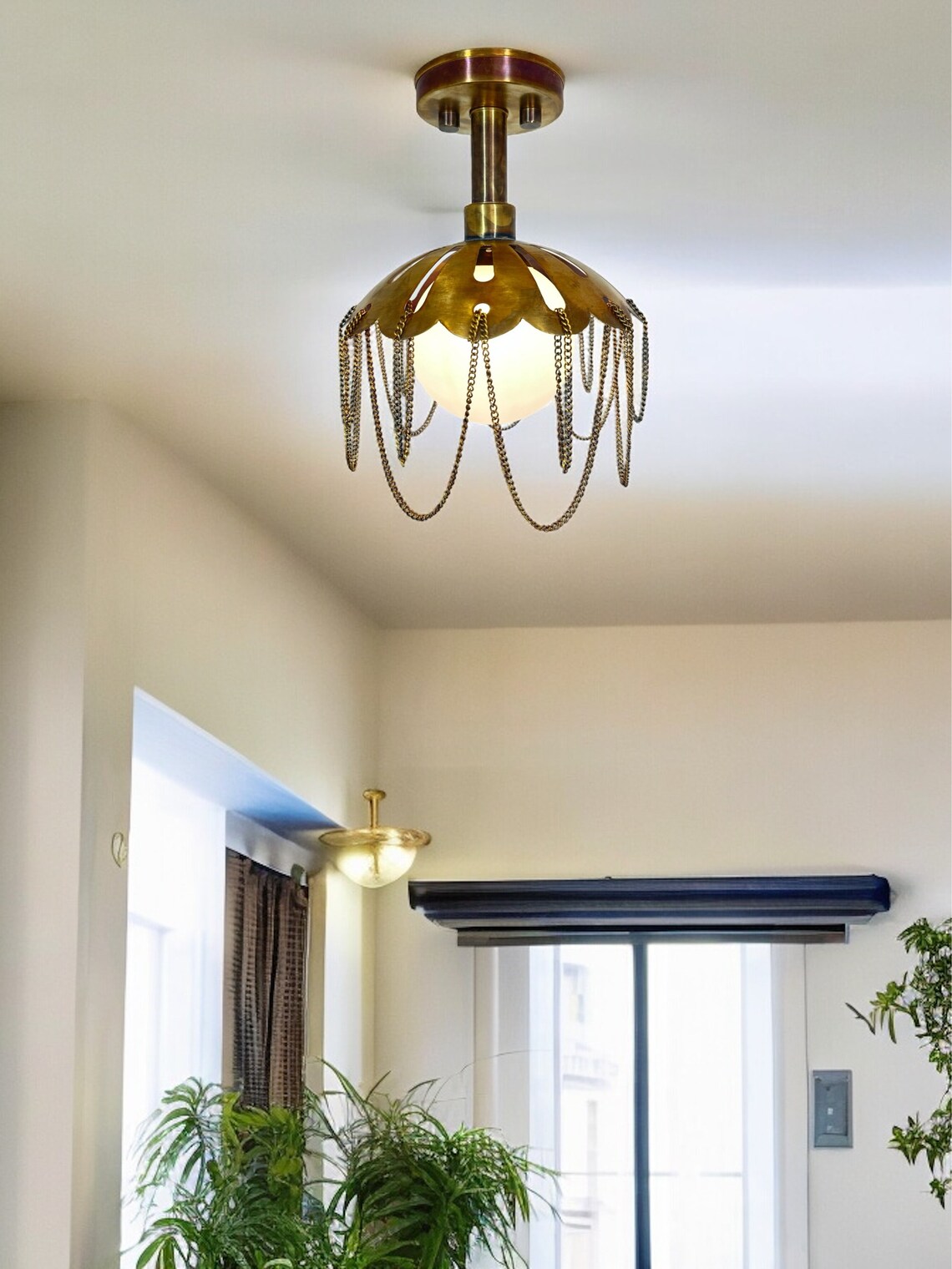 Handcrafted Flower Style Flush Mount Raw Brass, Milk Glass Shade - Image 2