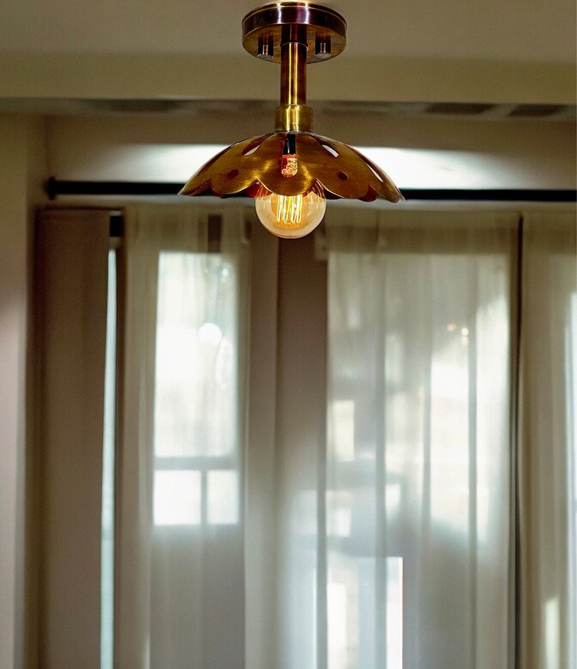 Handmade Raw Brass Flush Mount Ceiling Light: Mid Century Modern Flower Pendant - Image 4