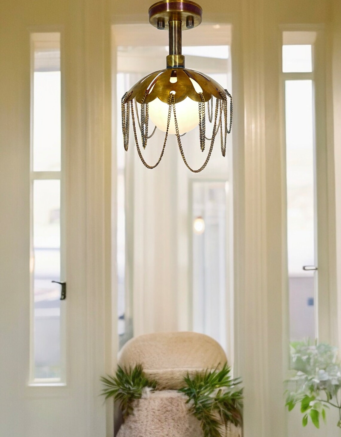 Handcrafted Flower Style Flush Mount Raw Brass, Milk Glass Shade - Image 5
