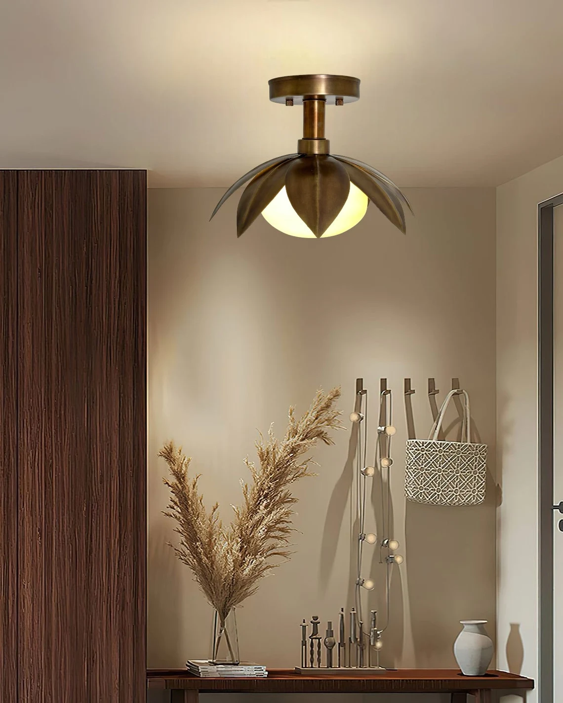 Handmade Brass Flower Flush Mount Light: Antique Milk Glass Shade - Image 4
