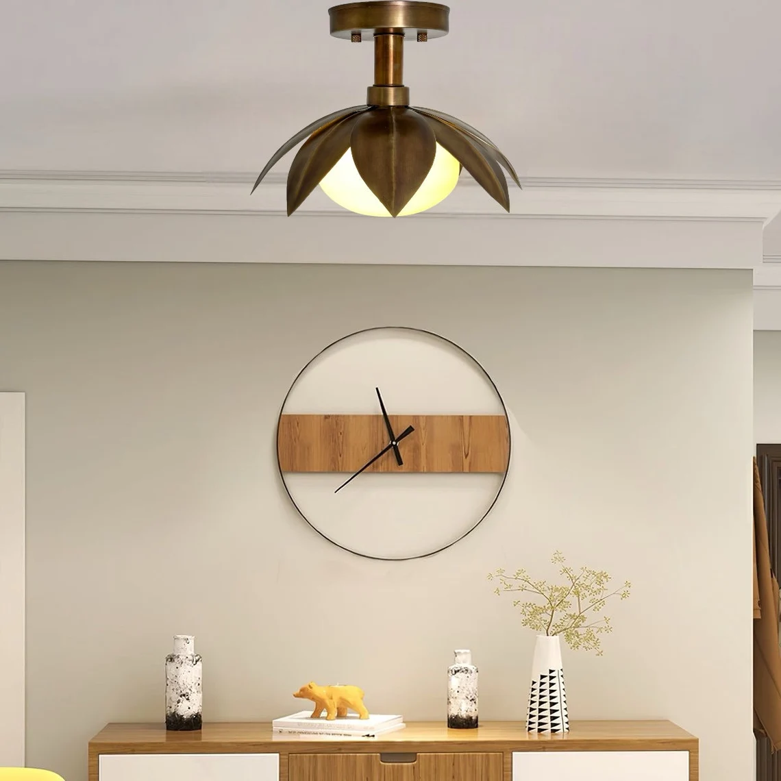 Handmade Brass Flower Flush Mount Light: Antique Milk Glass Shade - Image 5