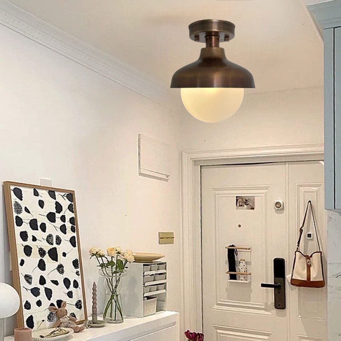 Handmade Brass Flush Mount with Antique Finish - Vintage Milk Glass Shade - Image 5