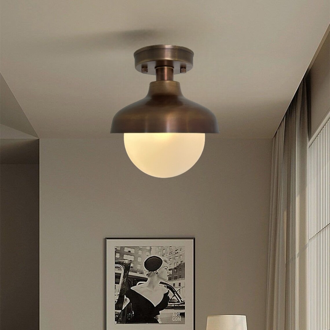 Handmade Brass Flush Mount with Antique Finish - Vintage Milk Glass Shade - Image 2