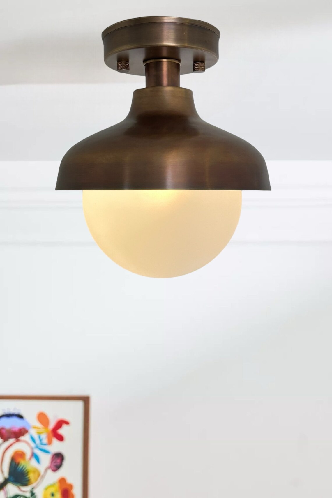 Handmade Brass Flush Mount with Antique Finish - Vintage Milk Glass Shade - Image 4