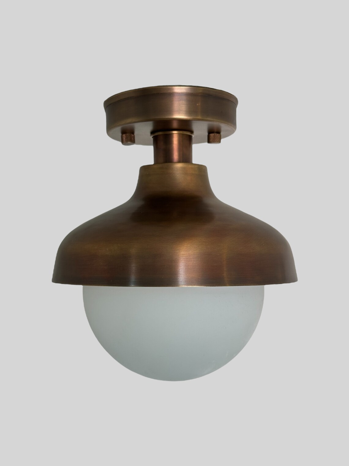 Handmade Brass Flush Mount with Antique Finish - Vintage Milk Glass Shade - Image 3