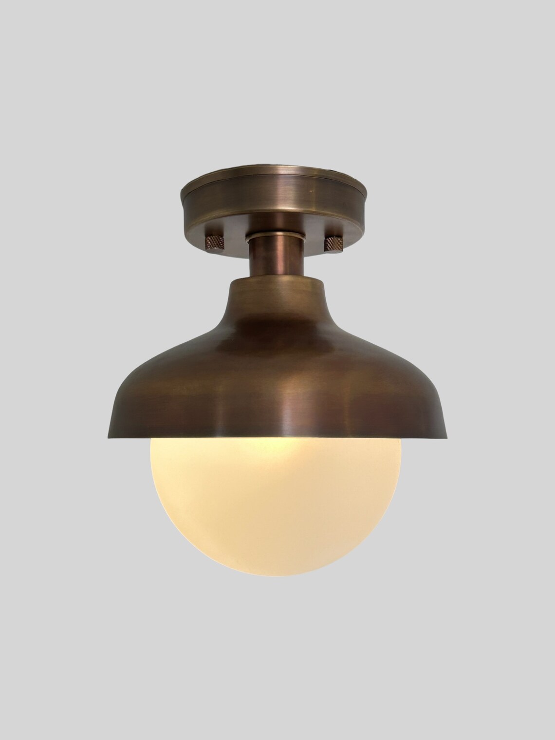 Handmade Brass Flush Mount with Antique Finish - Vintage Milk Glass Shade