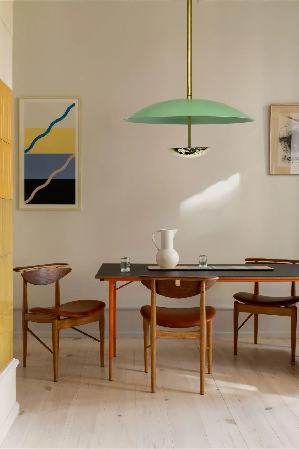Handcrafted Mid Century Modern Chandelier: Mint Green & Polished Brass - Image 2