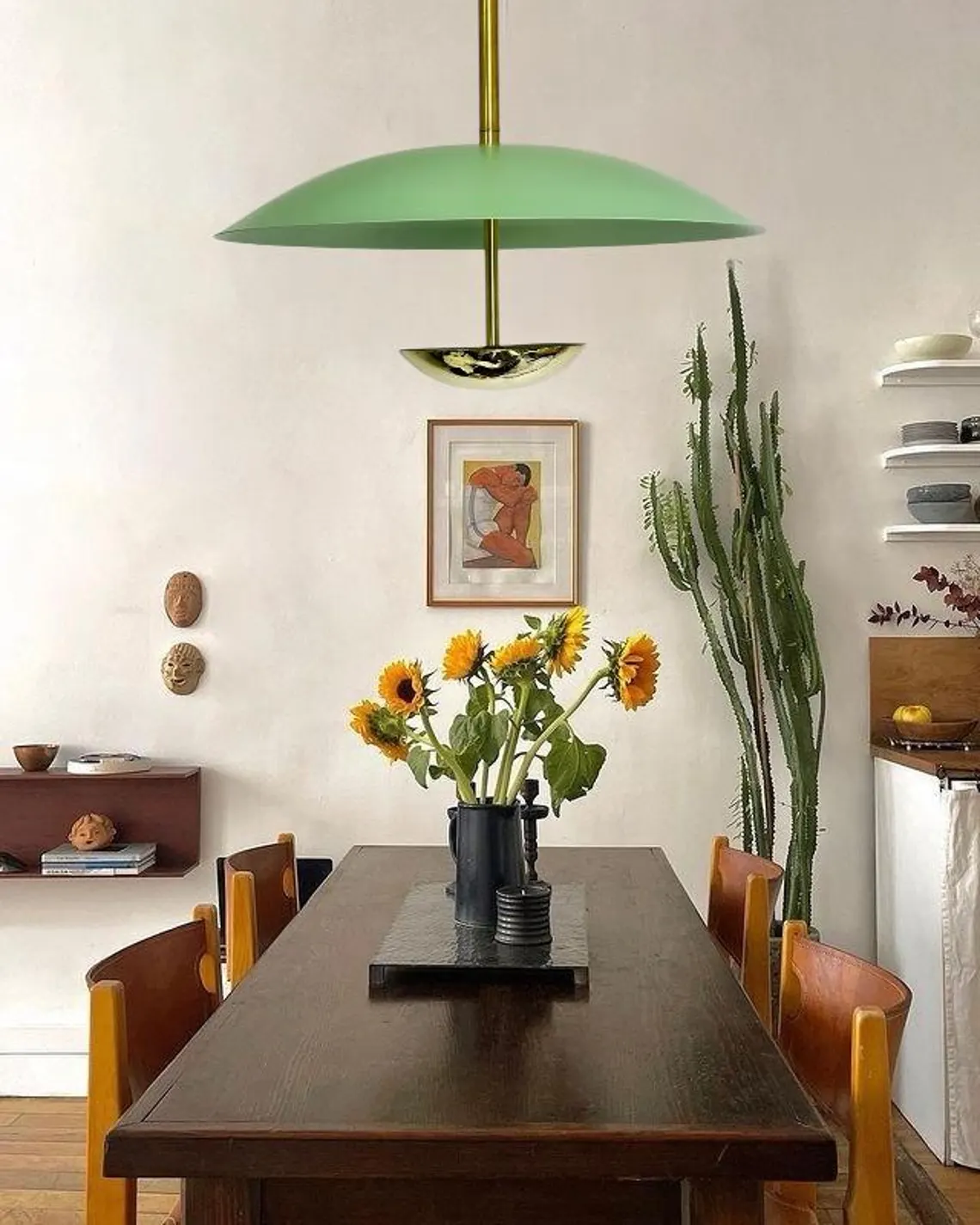Handcrafted Mid Century Modern Chandelier: Mint Green & Polished Brass - Image 3