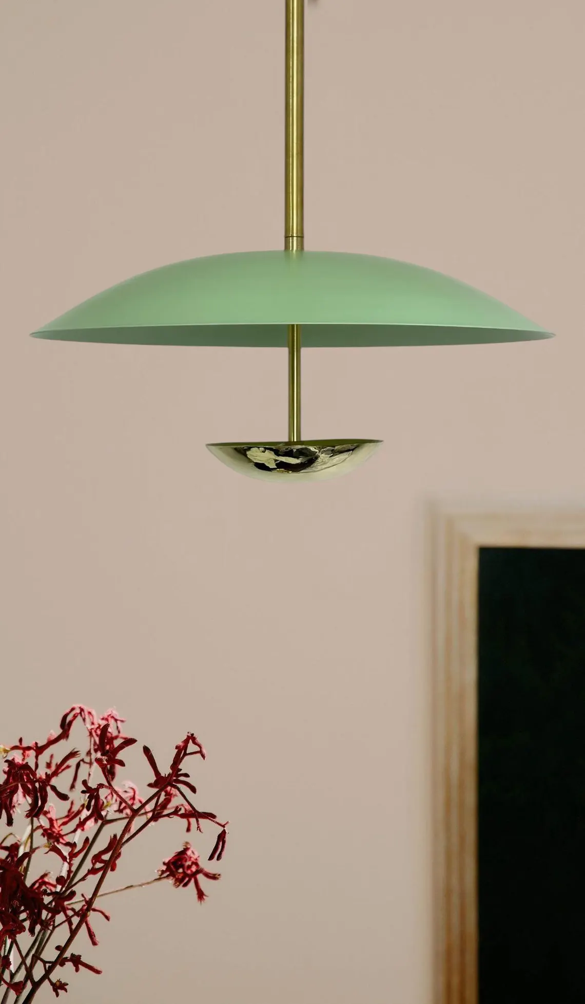 Handcrafted Mid Century Modern Chandelier: Mint Green & Polished Brass - Image 4