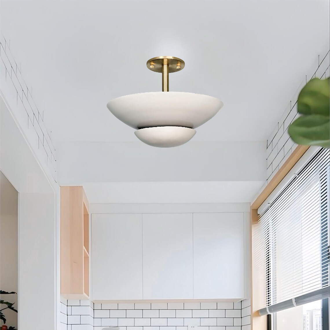 Handcrafted Cream Flush Mount Lamp: Brass & Metal, Low Ceiling Lighting - Image 3