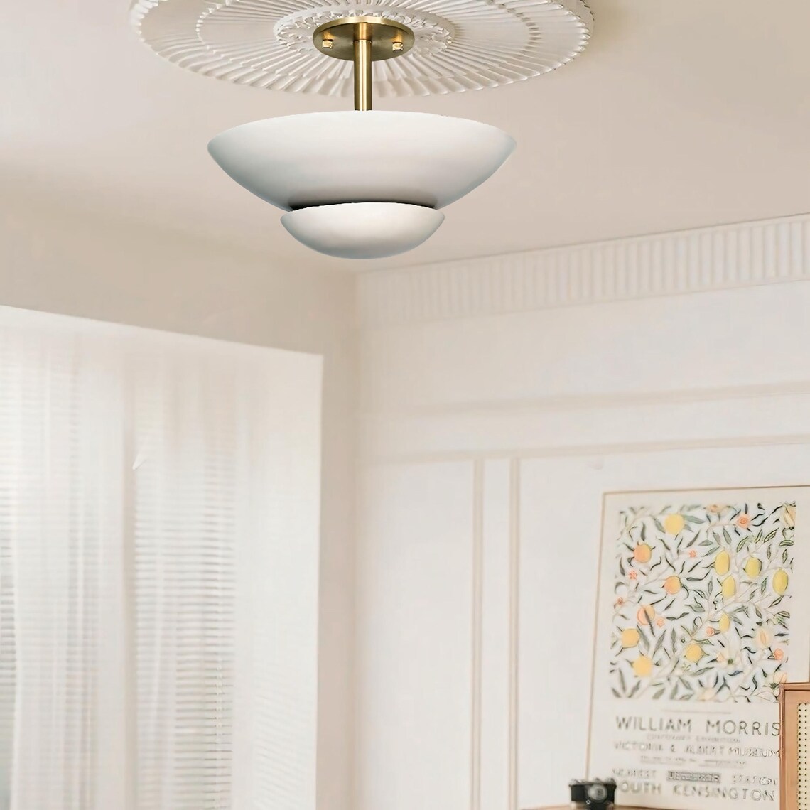 Handcrafted Cream Flush Mount Lamp: Brass & Metal, Low Ceiling Lighting - Image 2