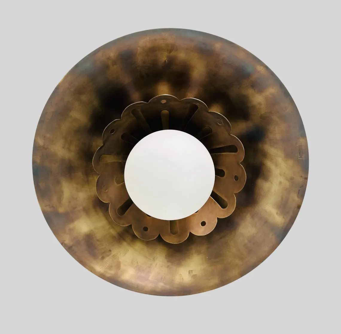 Handmade Brass Flush Mount Lamp: Milk Glass, Antique Finish - Image 2