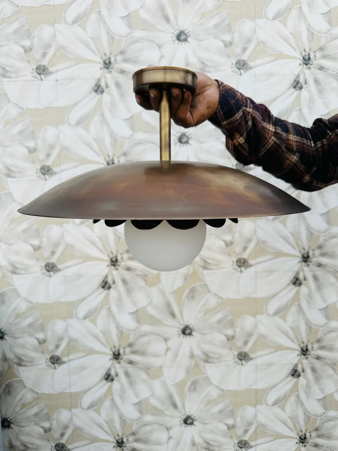 Handmade Brass Flush Mount Lamp: Milk Glass, Antique Finish - Image 3