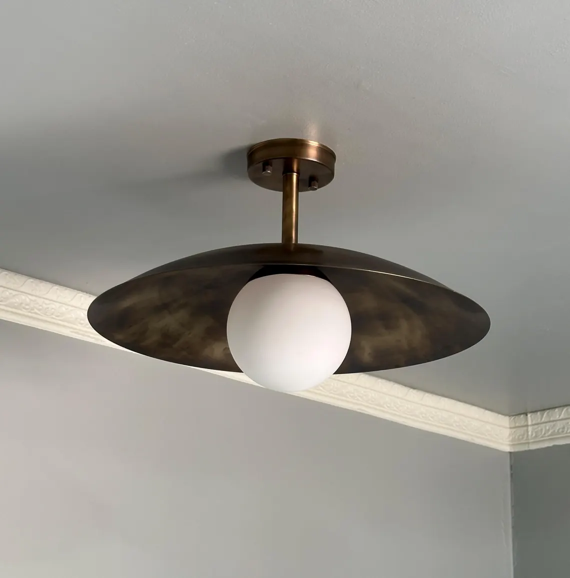 Handmade Brass Flush Mount Lamp: Milk Glass Shade, Antique Finish - Image 3