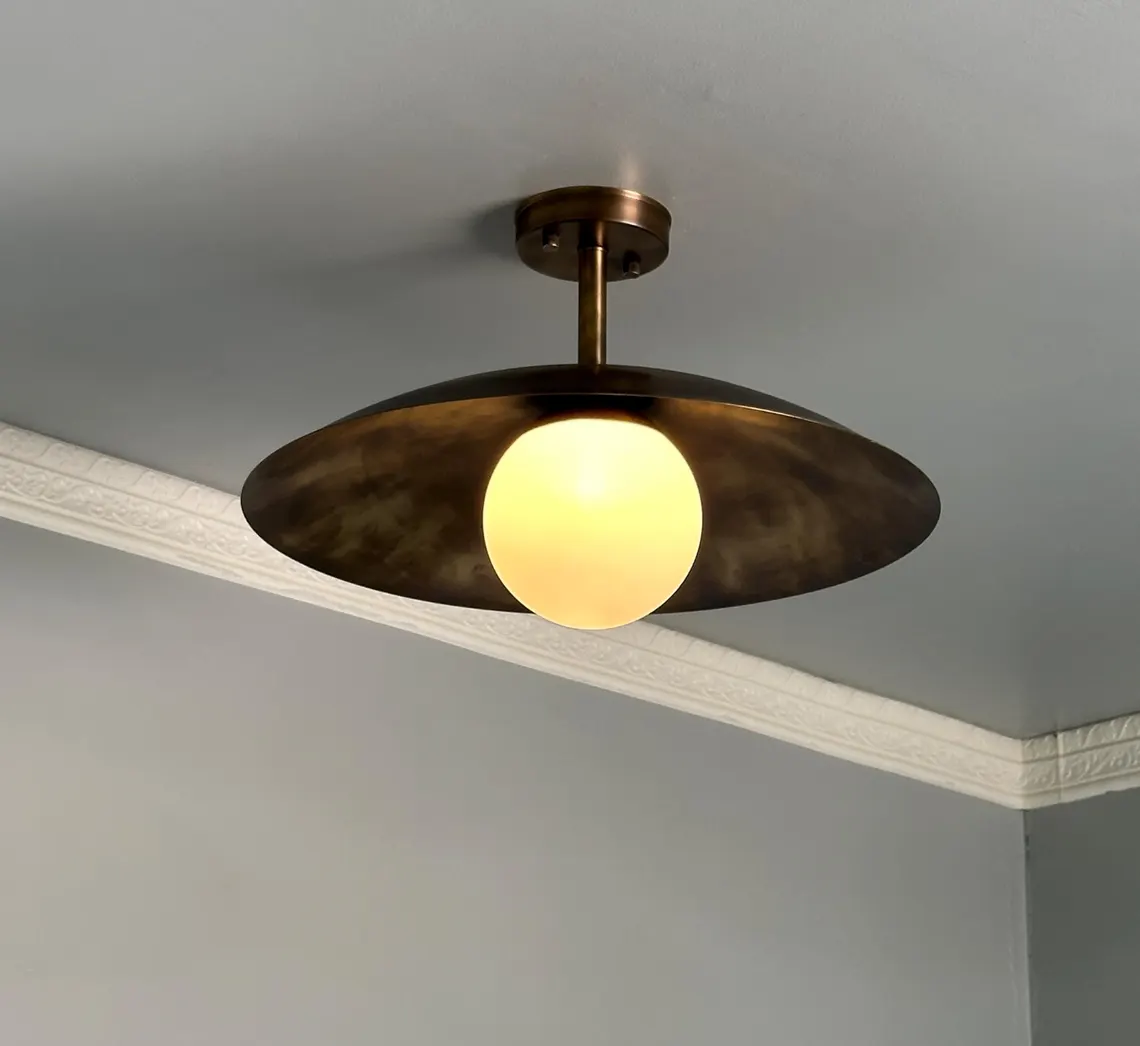 Handmade Brass Flush Mount Lamp: Milk Glass Shade, Antique Finish - Image 4