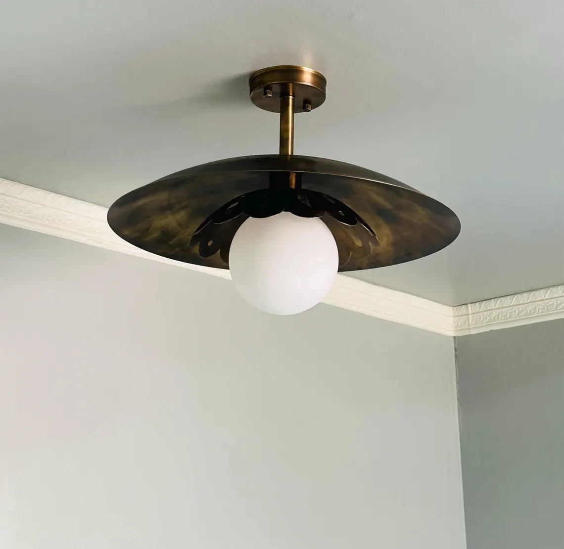 Handmade Brass Flush Mount Lamp: Milk Glass, Antique Finish - Image 4