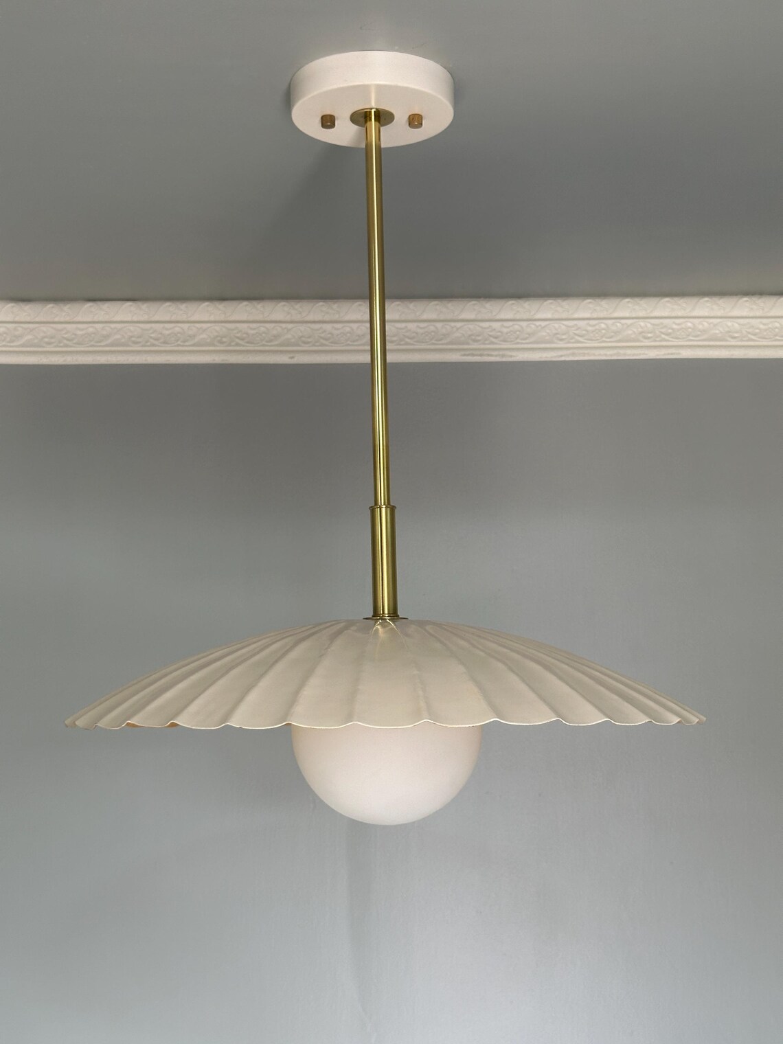 Cream & Polished Brass Pendant Lamp: Modern Milk Glass Hanging Lighting - Image 3