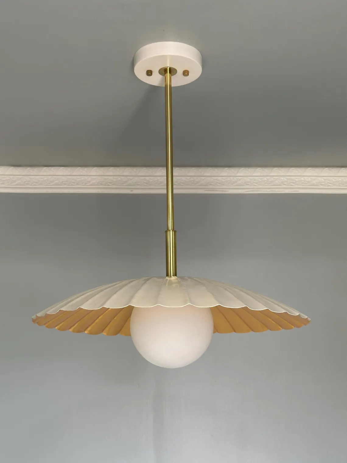 Cream & Polished Brass Pendant Lamp: Modern Milk Glass Hanging Lighting - Image 3