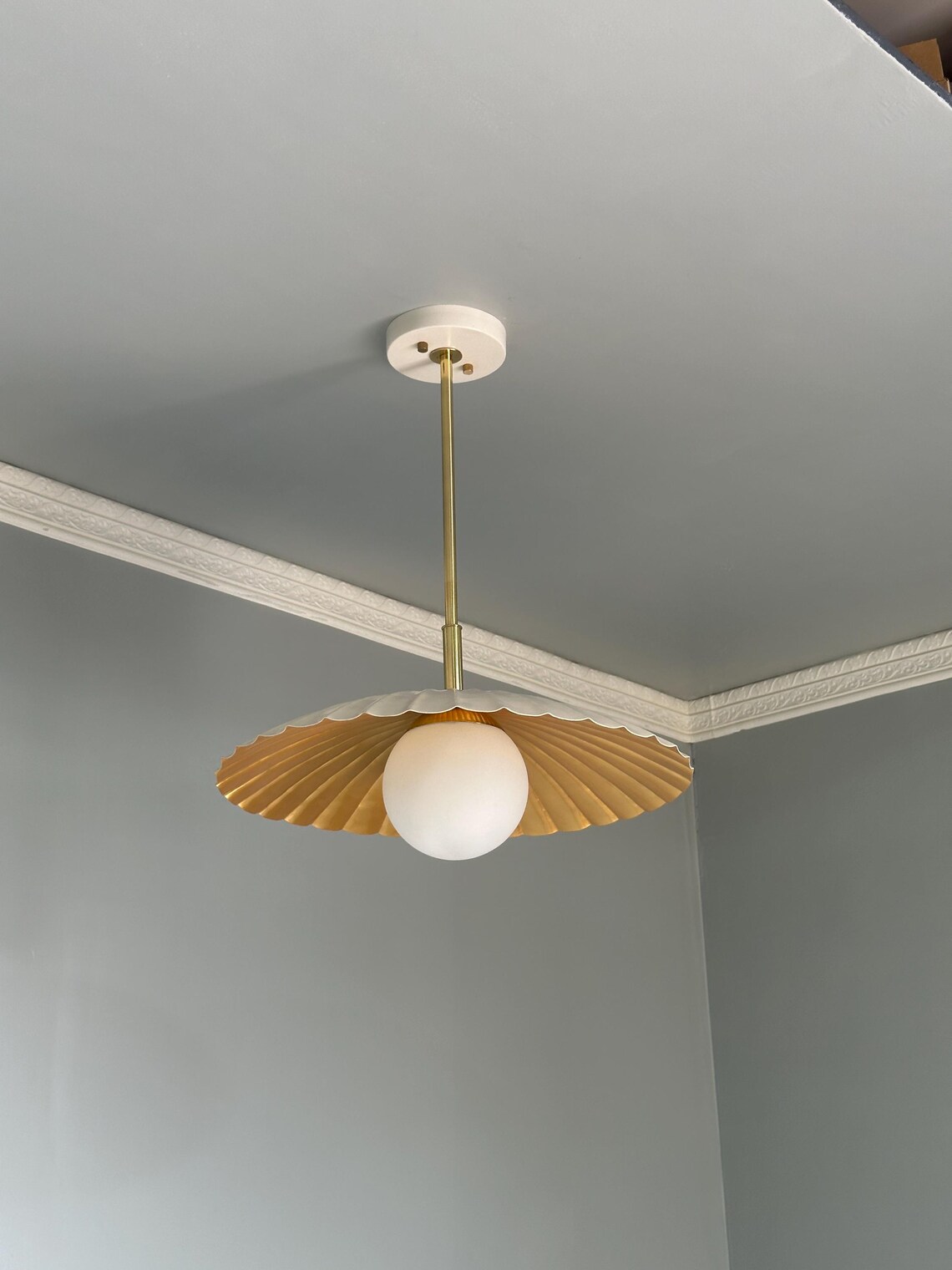 Cream & Polished Brass Pendant Lamp: Modern Milk Glass Hanging Lighting - Image 4