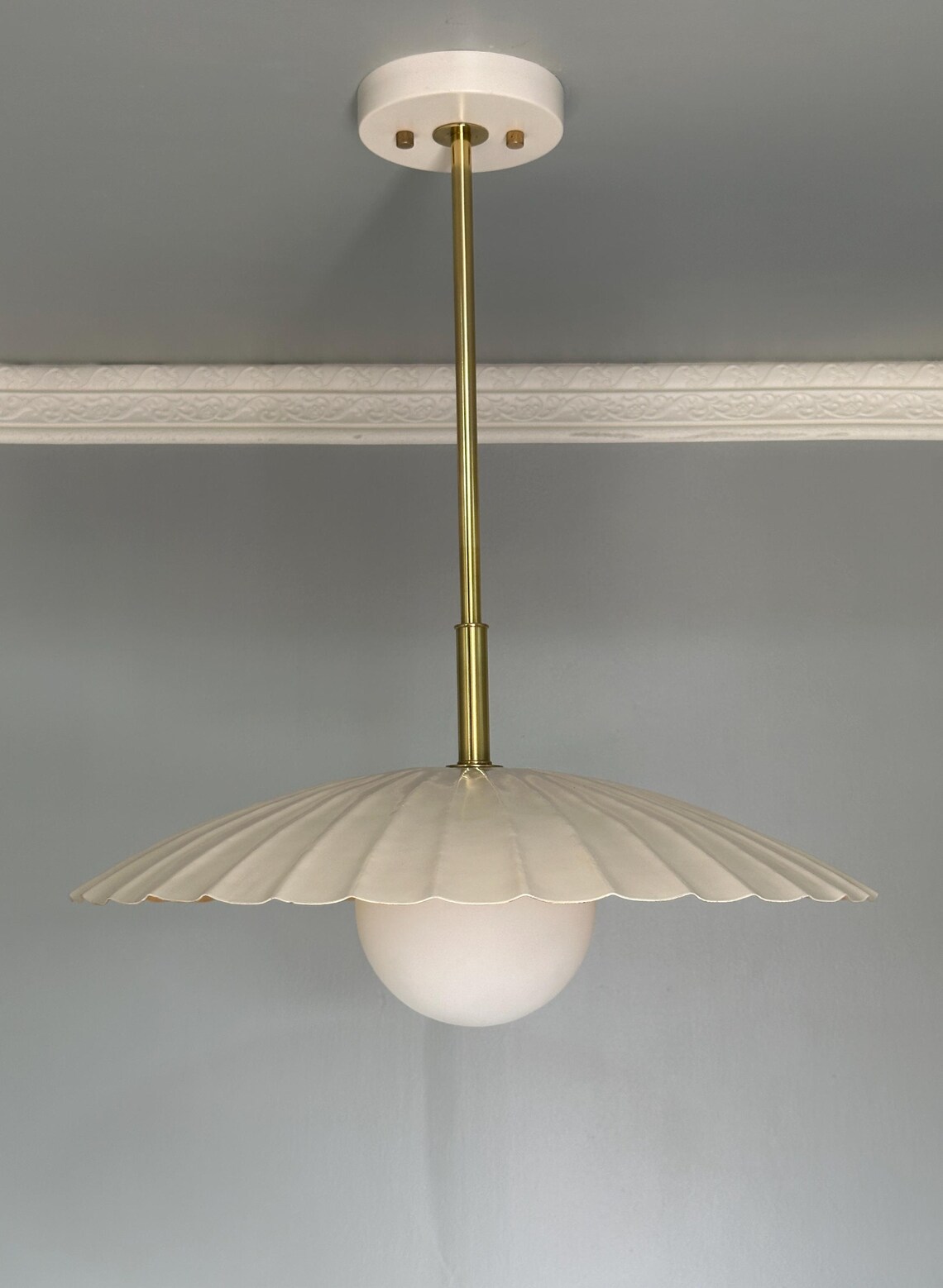 Cream & Polished Brass Pendant Lamp: Modern Milk Glass Hanging Lighting - Image 5