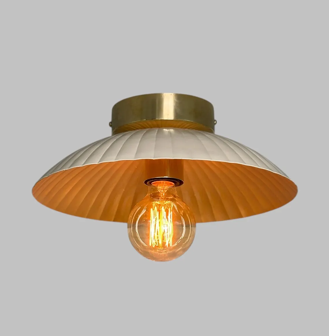 Cream Metal Flush Mount Ceiling Light - Brass Accents - Handmade Design Light