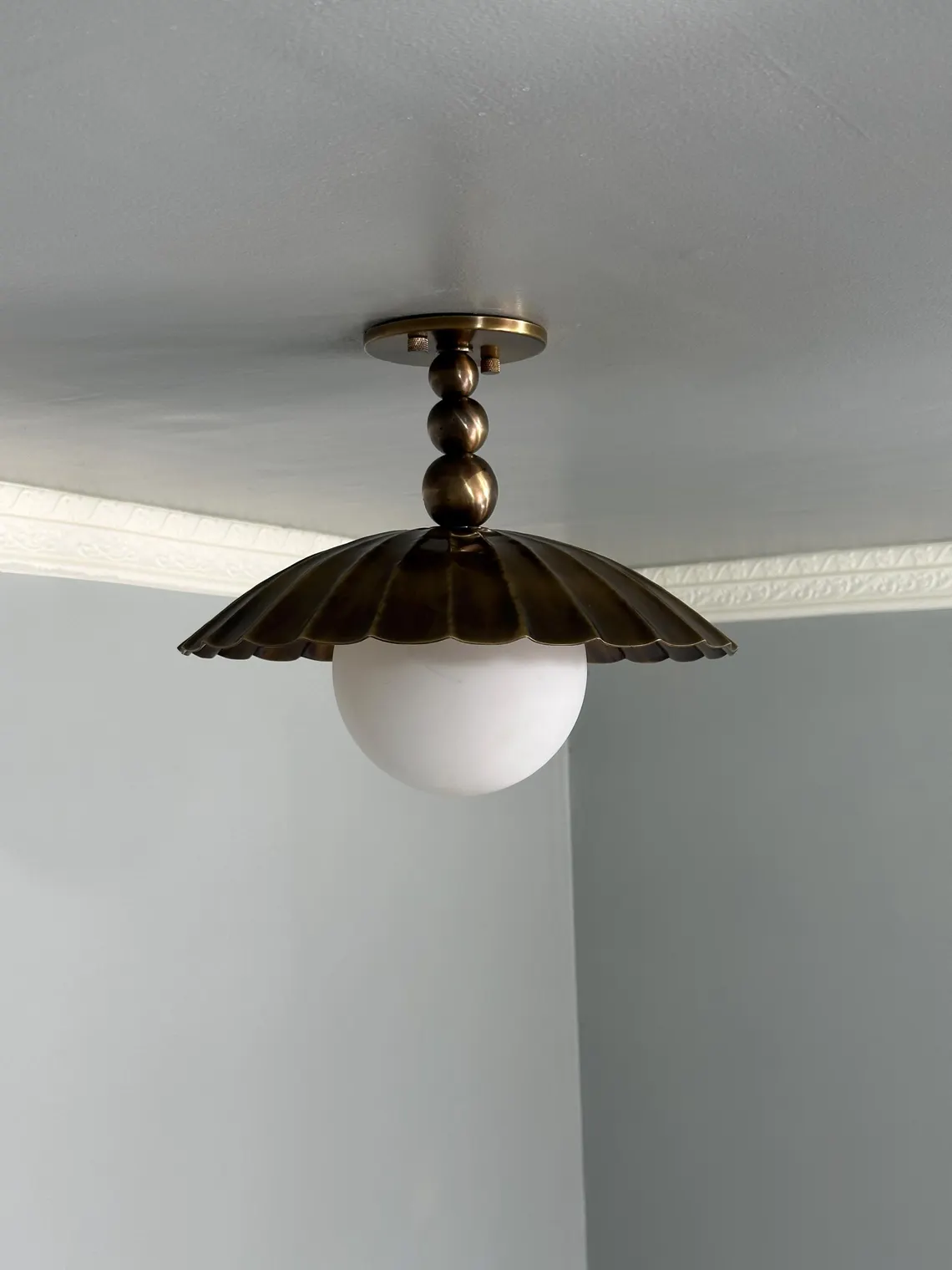 Handcrafted Brass Flush Mount Ceiling Light: Scalloped Globe, Mid-Century Modern Light - Image 2
