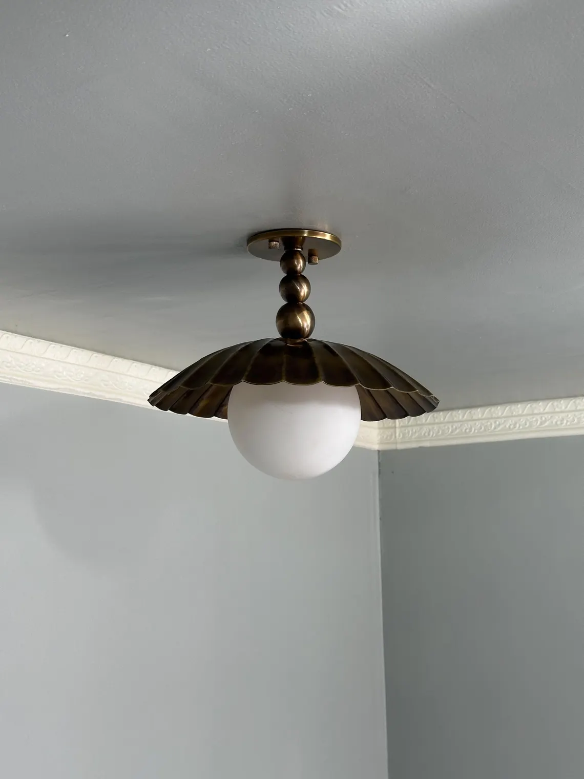Handcrafted Brass Flush Mount Ceiling Light: Scalloped Globe, Mid-Century Modern Light - Image 4