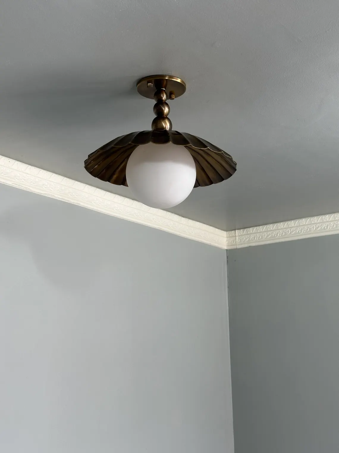 Handcrafted Brass Flush Mount Ceiling Light: Scalloped Globe, Mid-Century Modern Light - Image 3