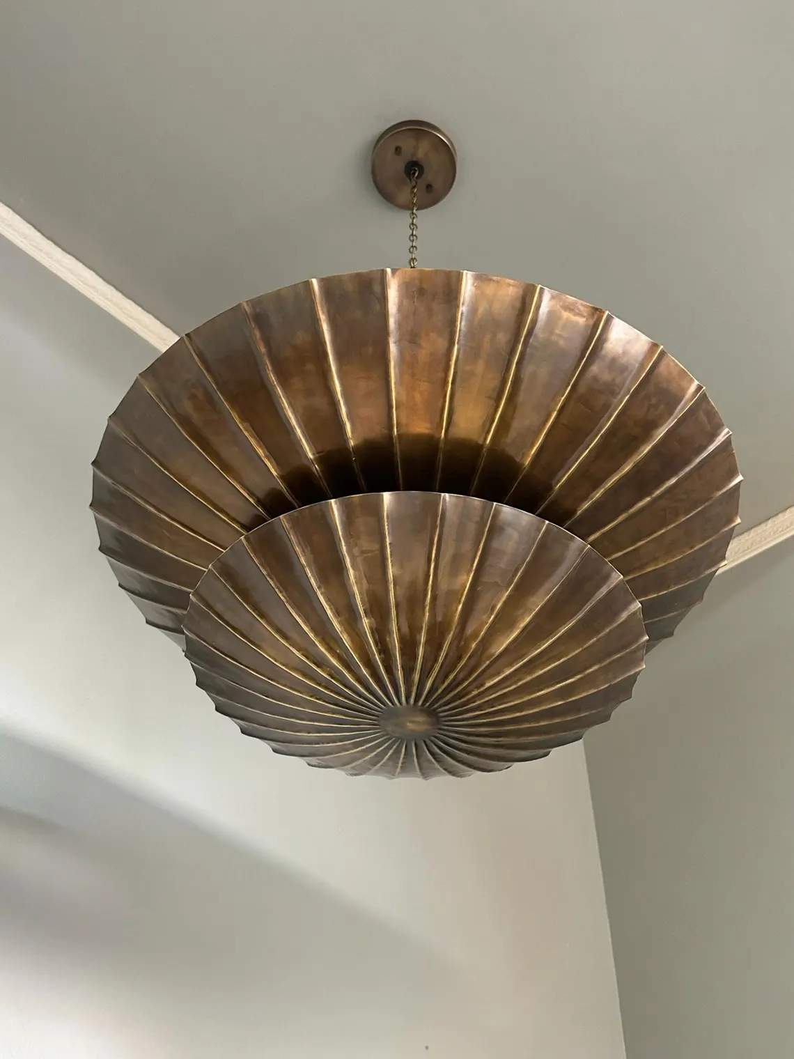 Vintage Brass Shell Pendant Chandelier – Two-Tier Mid-Century Modern Ceiling Light Fixture - Image 2