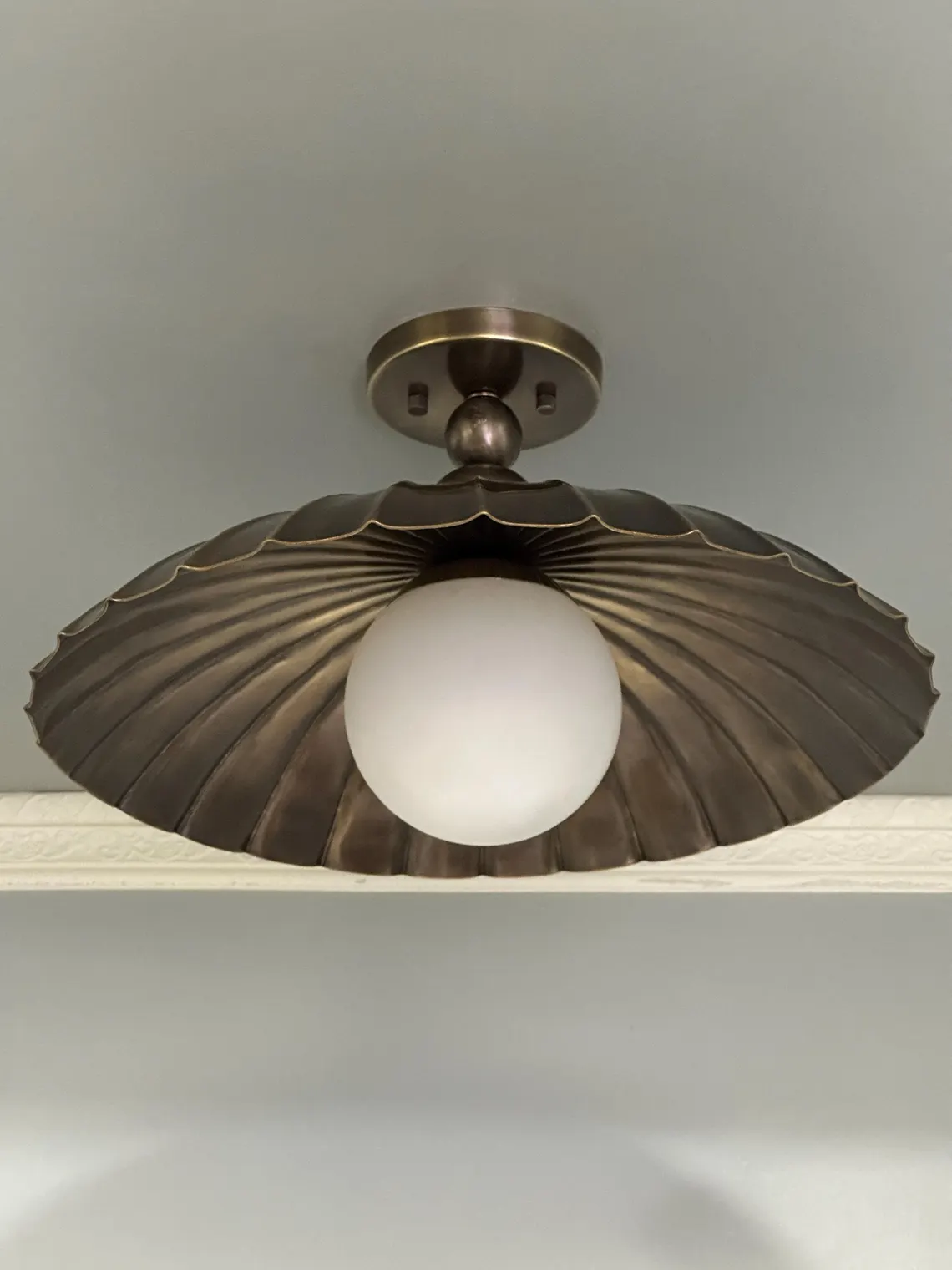 Elegant Brass Flush Mount Ceiling Light – Scalloped Dome Shade with Globe Bulb - Image 3
