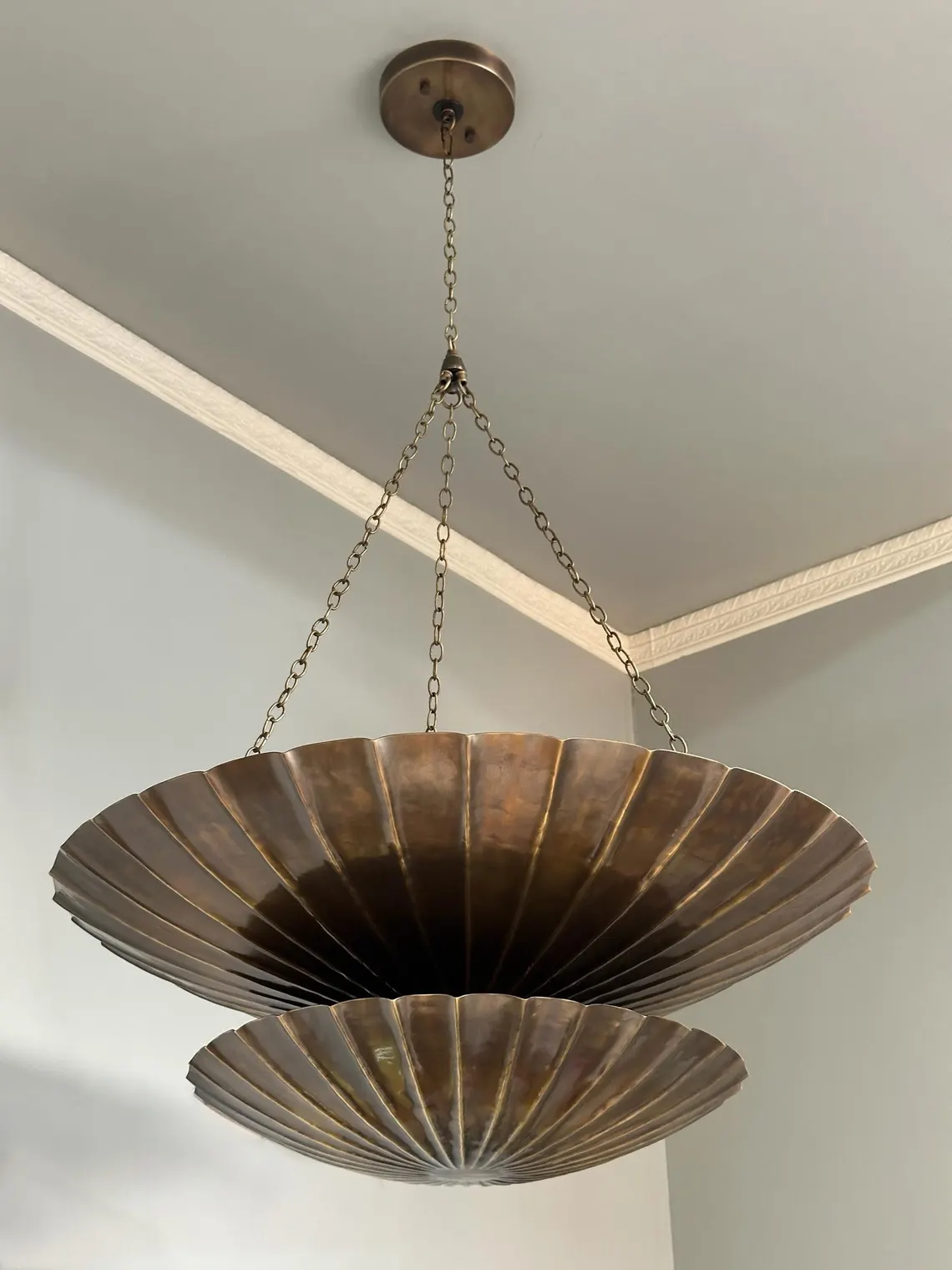 Vintage Brass Shell Pendant Chandelier – Two-Tier Mid-Century Modern Ceiling Light Fixture - Image 4