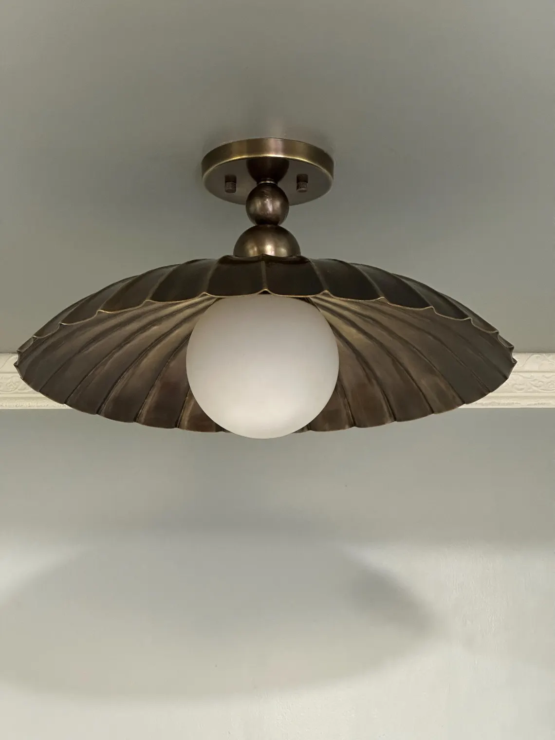 Elegant Brass Flush Mount Ceiling Light – Scalloped Dome Shade with Globe Bulb - Image 2