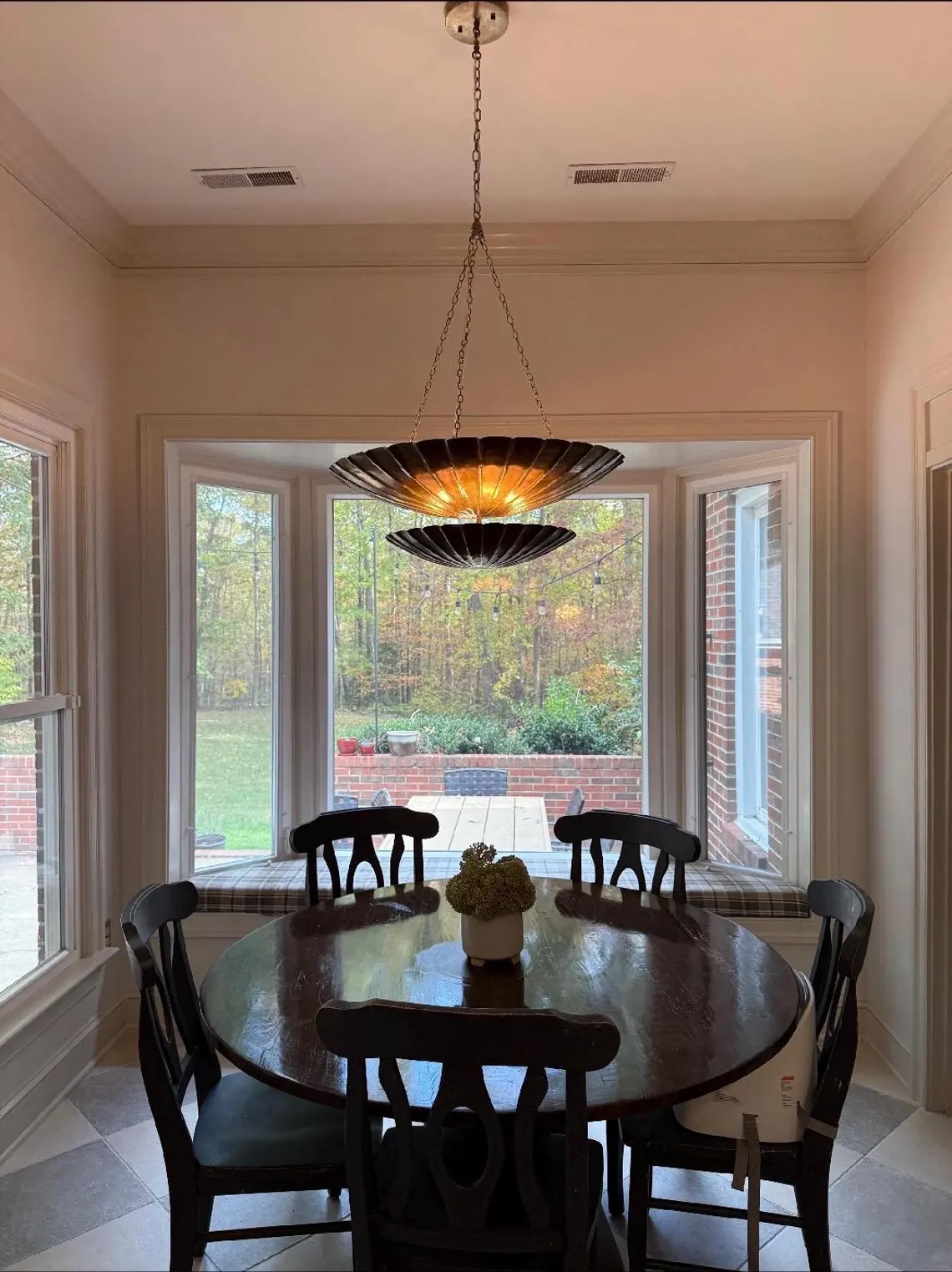 Vintage Brass Shell Pendant Chandelier – Two-Tier Mid-Century Modern Ceiling Light Fixture - Image 3