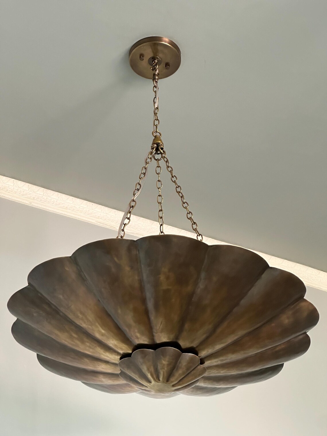Brass Dual Shade Chandelier Pendant Light – Scalloped Bowl Hanging Fixture – Vintage Inspired Chain Light - Image 2
