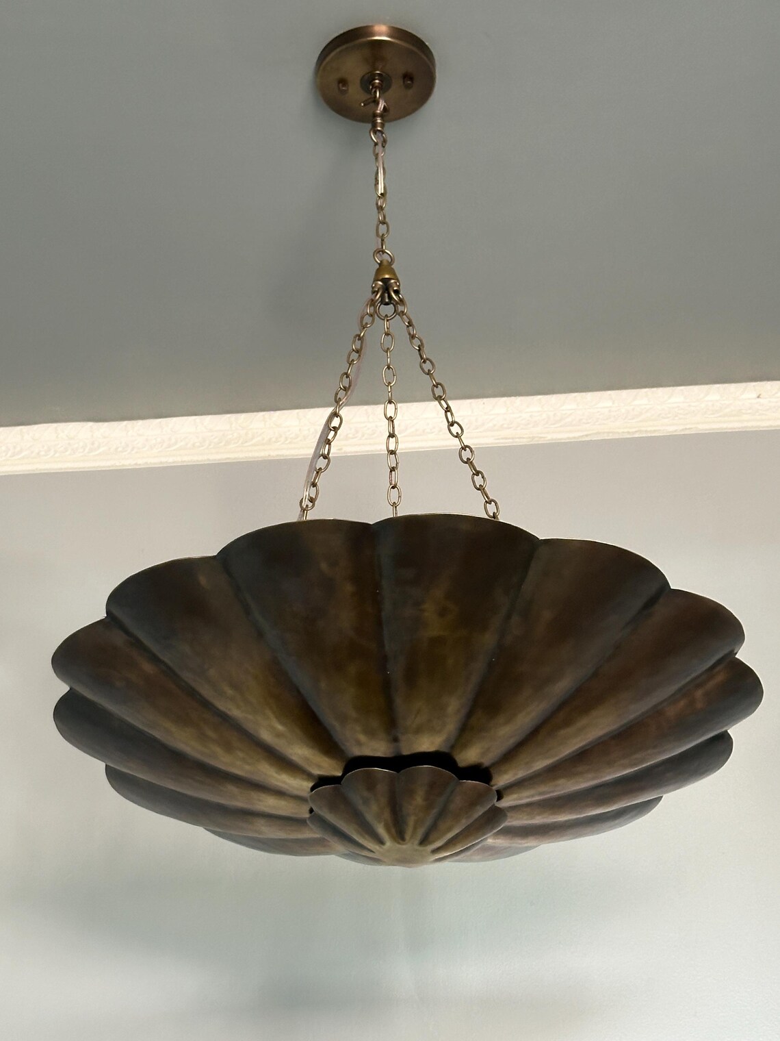Brass Dual Shade Chandelier Pendant Light – Scalloped Bowl Hanging Fixture – Vintage Inspired Chain Light - Image 4