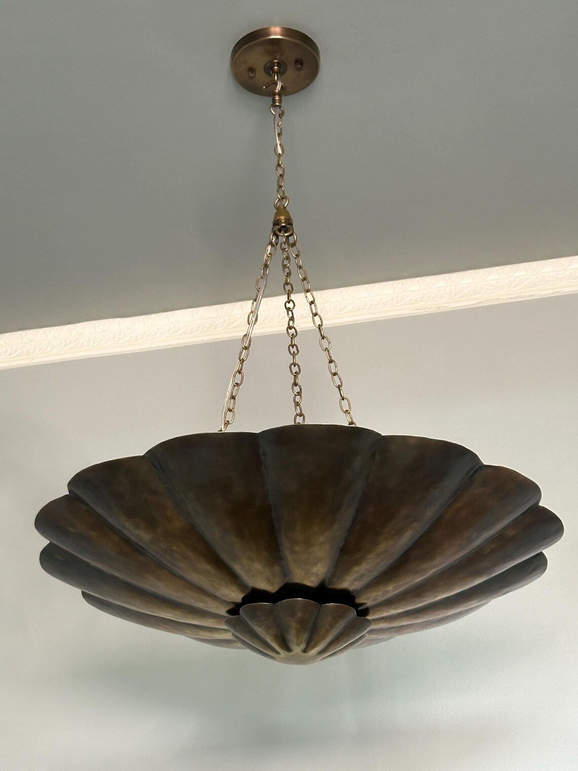 Brass Dual Shade Chandelier Pendant Light – Scalloped Bowl Hanging Fixture – Vintage Inspired Chain Light - Image 5