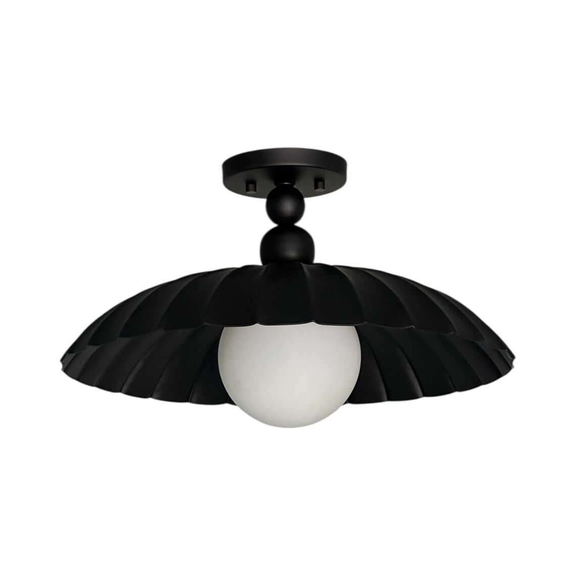 Modern Black Flush Mount Ceiling Light with Sculpted Shade and Milk Glass Globe