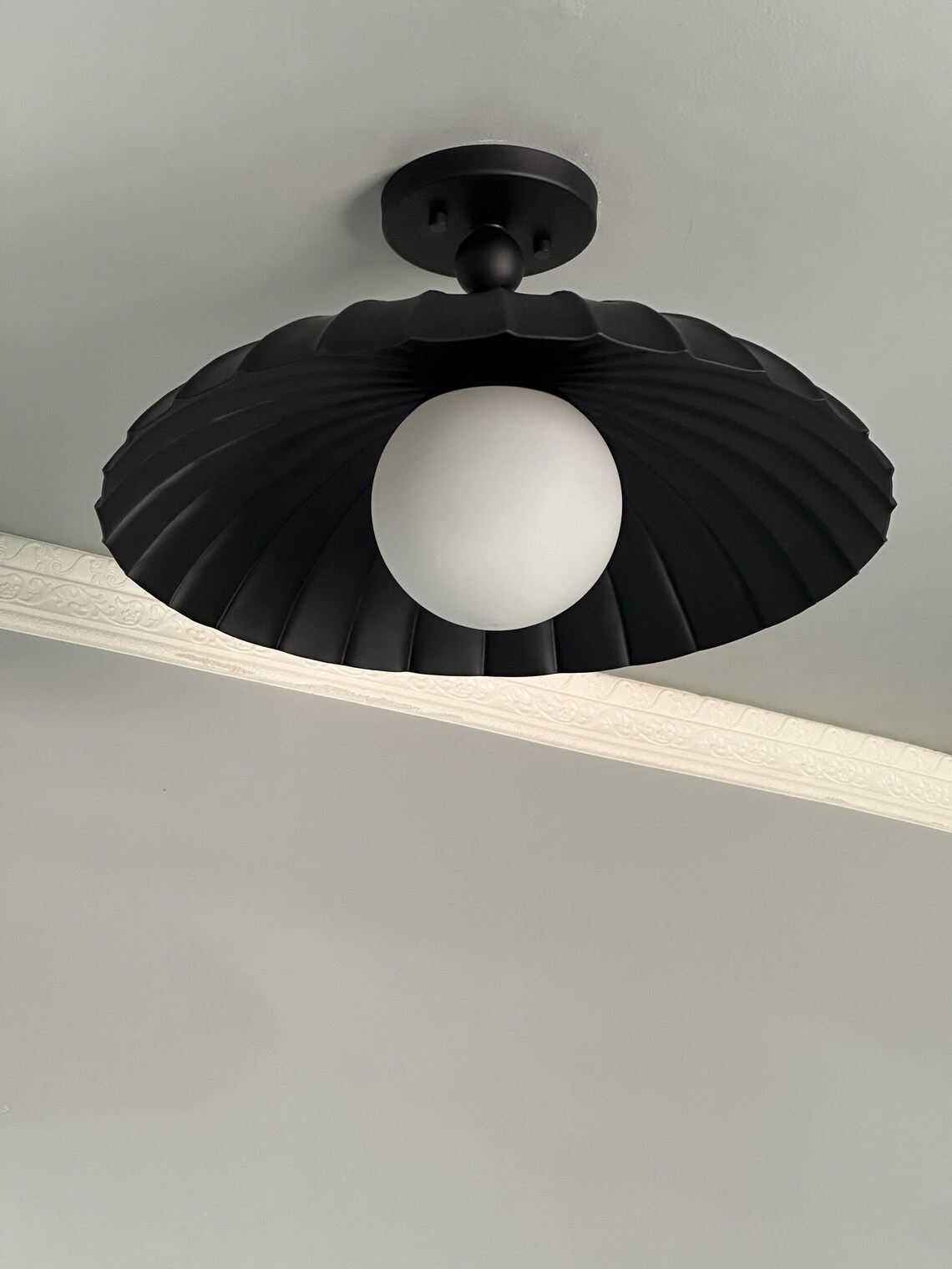 Handcrafted Brass Flush Mount Ceiling Light: Frosted Globe, Mid-Century Style Lamp - Image 5