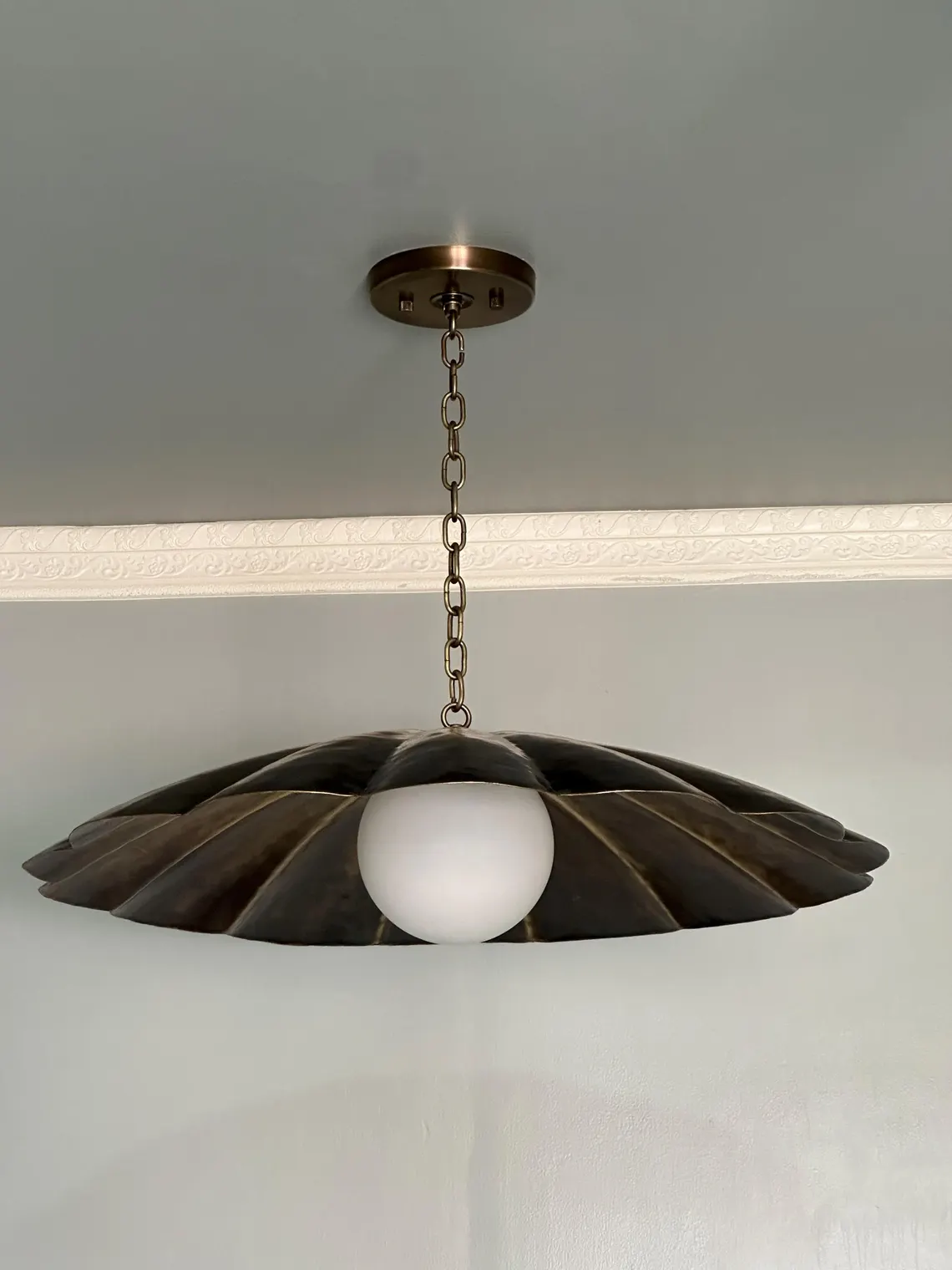 Vintage-Inspired Brass Flush Mount Ceiling Light with Adjustable Chain and Milk Glass Globe - Image 5