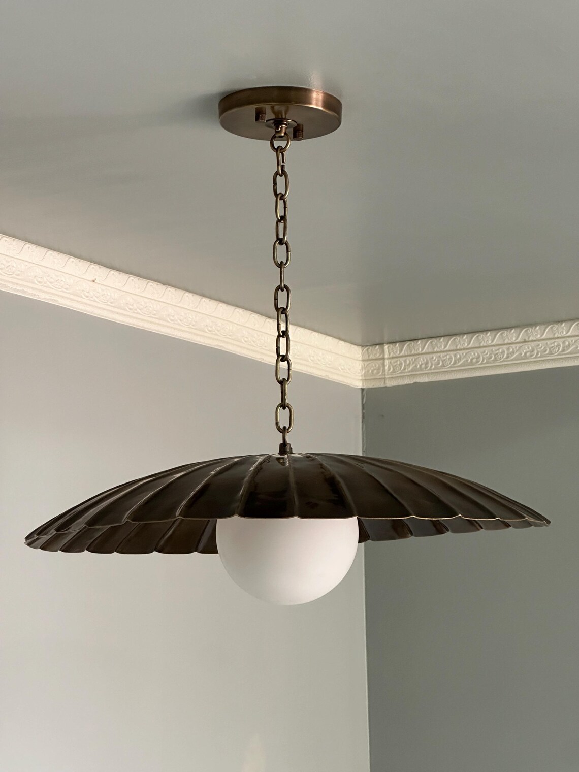 Brass Flush Mount Ceiling Light with Adjustable Chain and Milk Glass Globe - Image 3