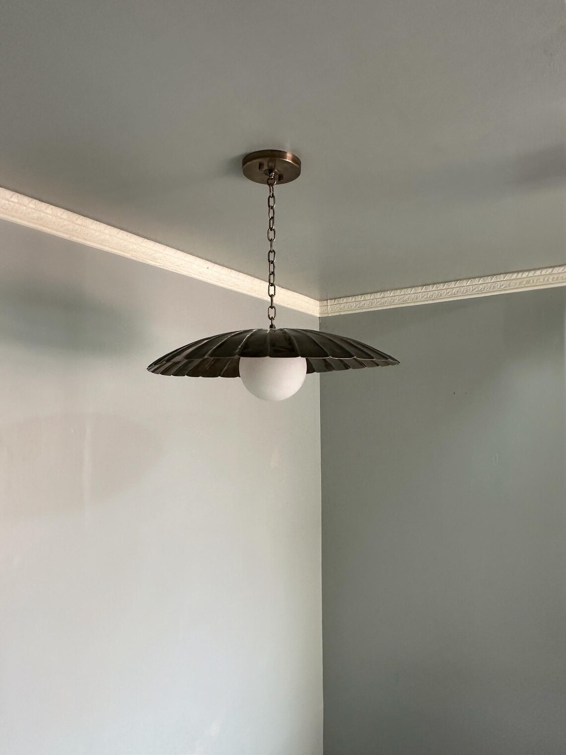 Brass Flush Mount Ceiling Light with Adjustable Chain and Milk Glass Globe - Image 4