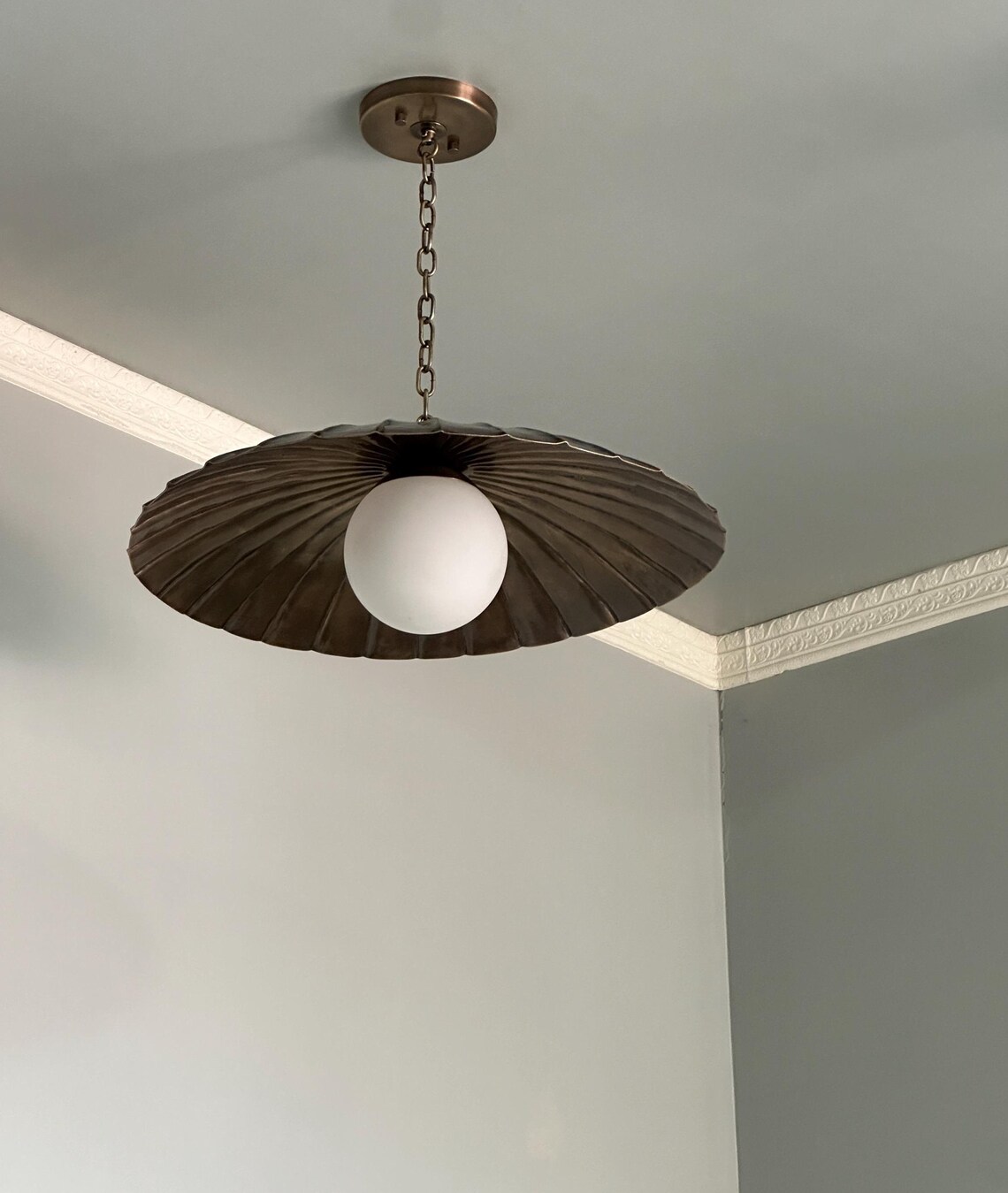 Brass Flush Mount Ceiling Light with Adjustable Chain and Milk Glass Globe - Image 2