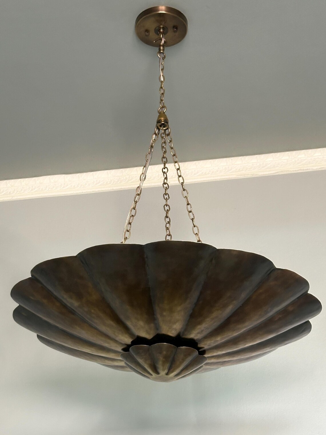 Brass Dual Shade Chandelier Pendant Light – Scalloped Bowl Hanging Fixture – Vintage Inspired Chain Light - Image 3